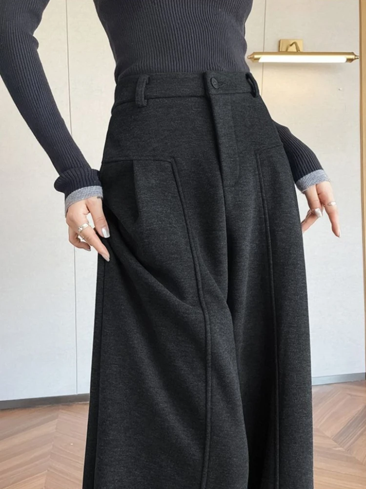 Grey High Waist Wide Leg Woolen Pants for Women Loose Fit Solid Color Autumn Fashion Straight Trousers