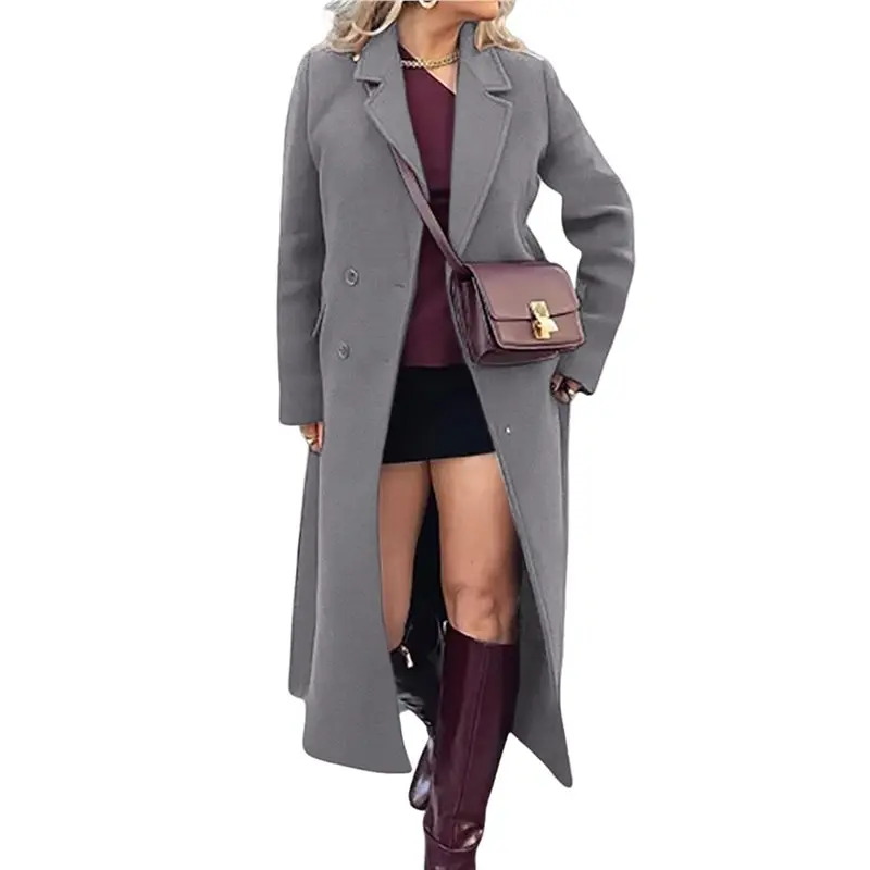 AEA7-Women's Double Breasted Woolen Coat Lapel Collar Long Sleeve Female Outerwear Overcoat