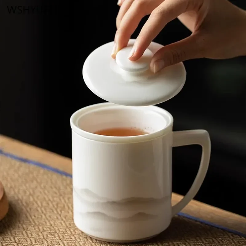 1pcs White porcelain cup Ceramic sheep fat jade tea cup Tea separation cup Office covered filter teacup 380ml