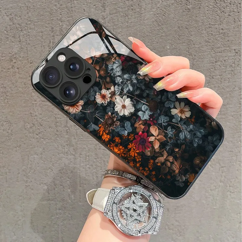 Capa de telefone de vidro com estampa floral retrô para Samsung A07 A26 A36 A56 A16 A06 A55 A35 A14 A34 A54 A24 A25 A15 A34 A54 A24 A05 4G 5G