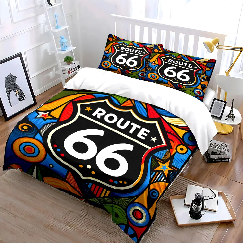 Colorful geometric art with Route 66 sign Pattern Duvet Cover Set Digital Print Colorful Polyester Bedding with Zipper Closur