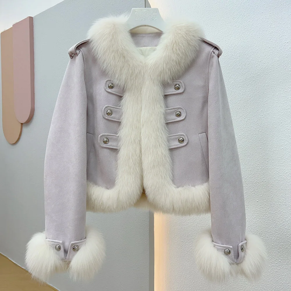 Women's Clothing High quality stylish furry button embellished warm jacketAutumn Winter New 0116