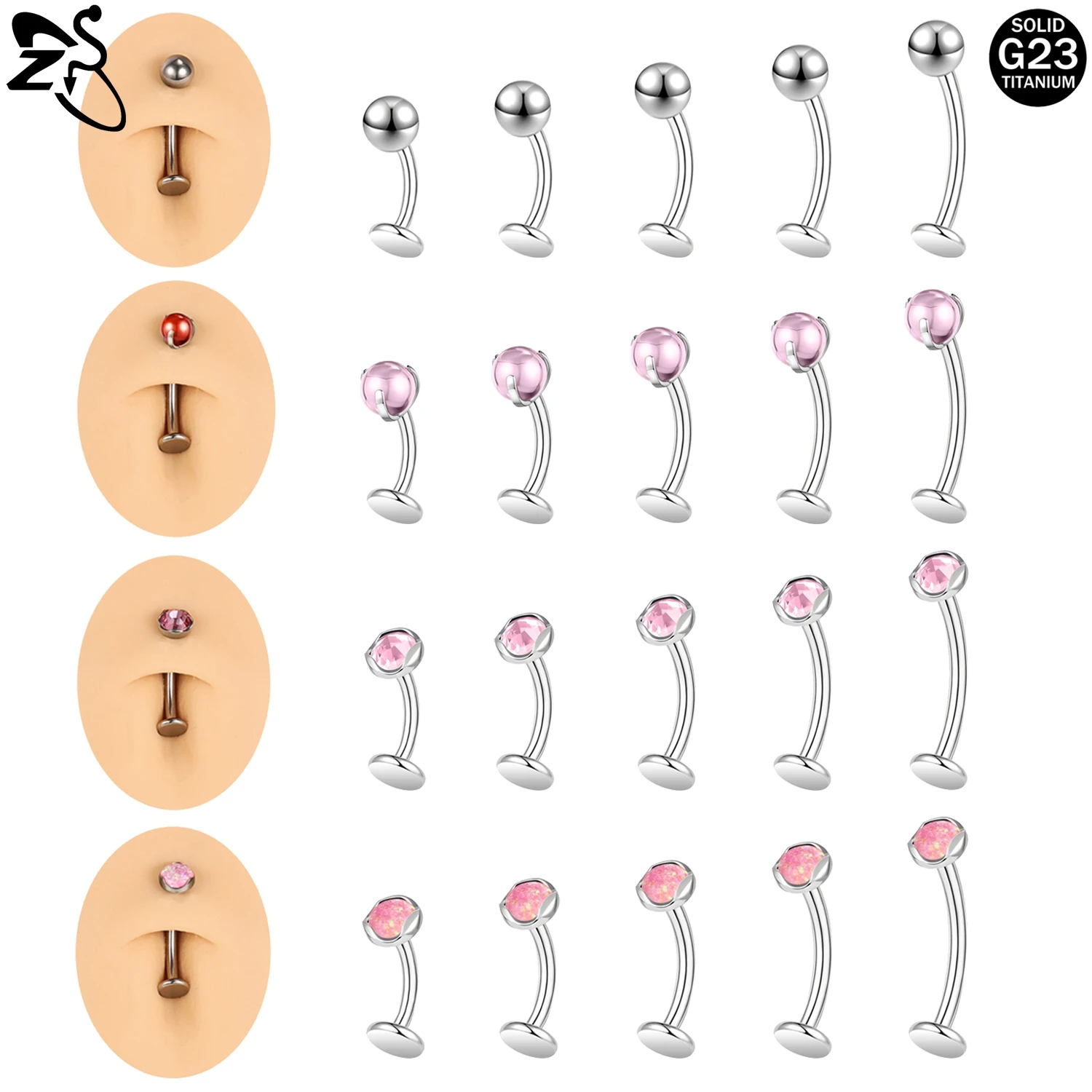 

ZS 1 Piece 14G G23 Titanium Belly Button Ring For Women Men 6/8/10/12/14MM Curve Navel Rings CZ Crystal Belly Piercing Jewelry