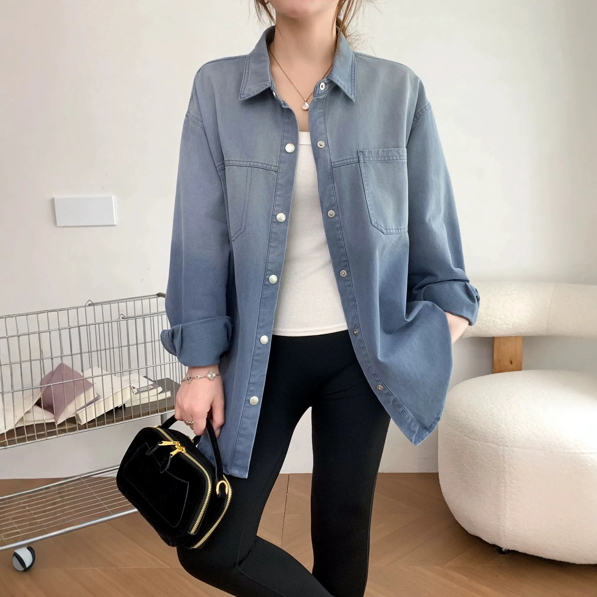 SuperAen Gradient-colored Shirt Jacket Spring and Autumn New Turned-up Collar Single Breasted Long-sleeved Casual Coats