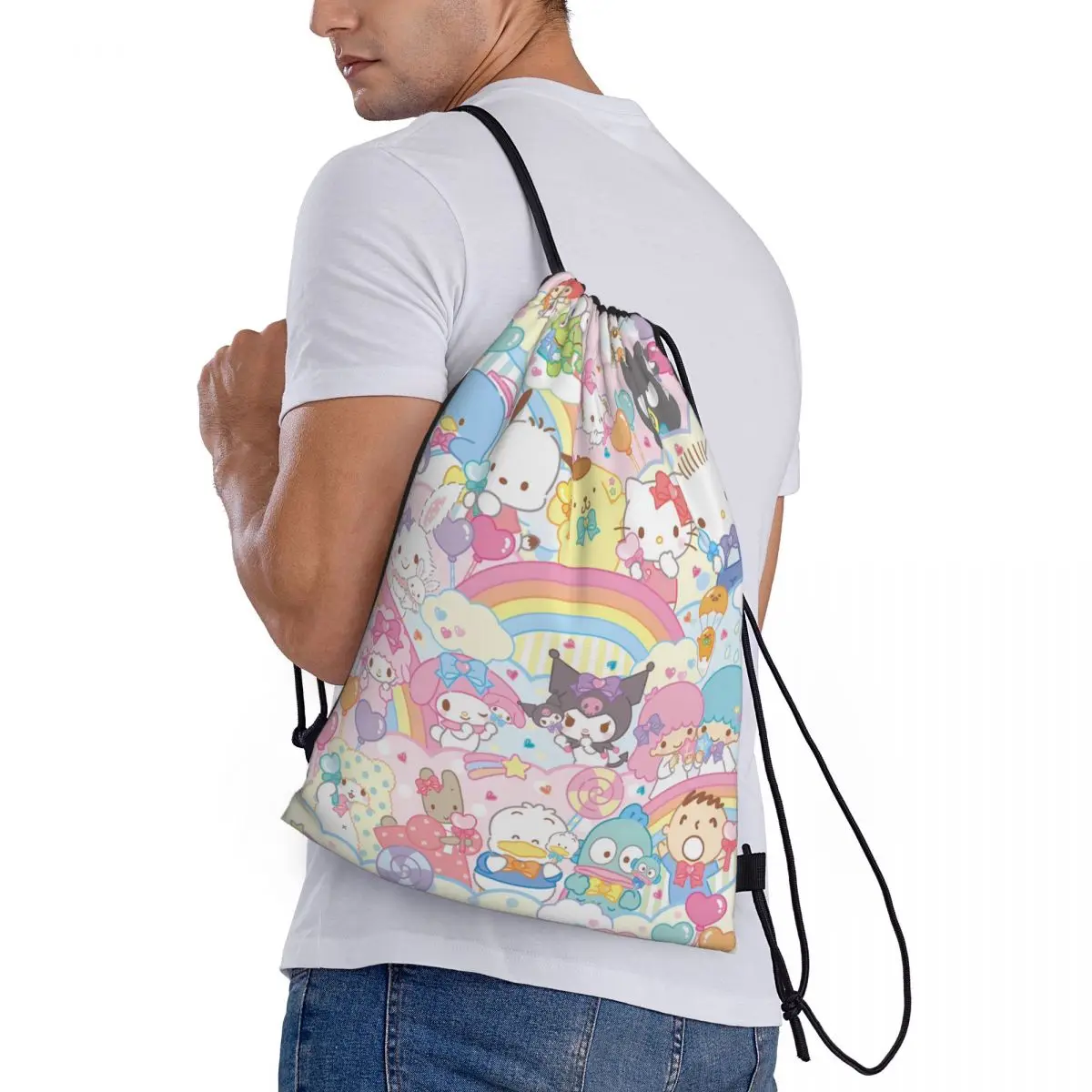 Sanrio Hello Kitty Melody Kuromi Drawstring Back Pack Bag Travel Storage Package Teenagers Beach Tote Bag School Sport Shoe Bag