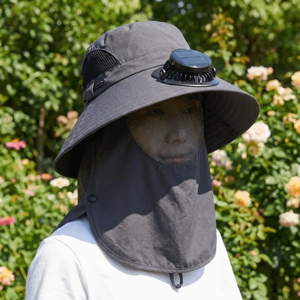 Portable Solar Rechargeable Fan Hat Adjustable Long-lasting Fishing Sun Shading Hat 1000mA with Face Cover Wide Brim Fan Hat