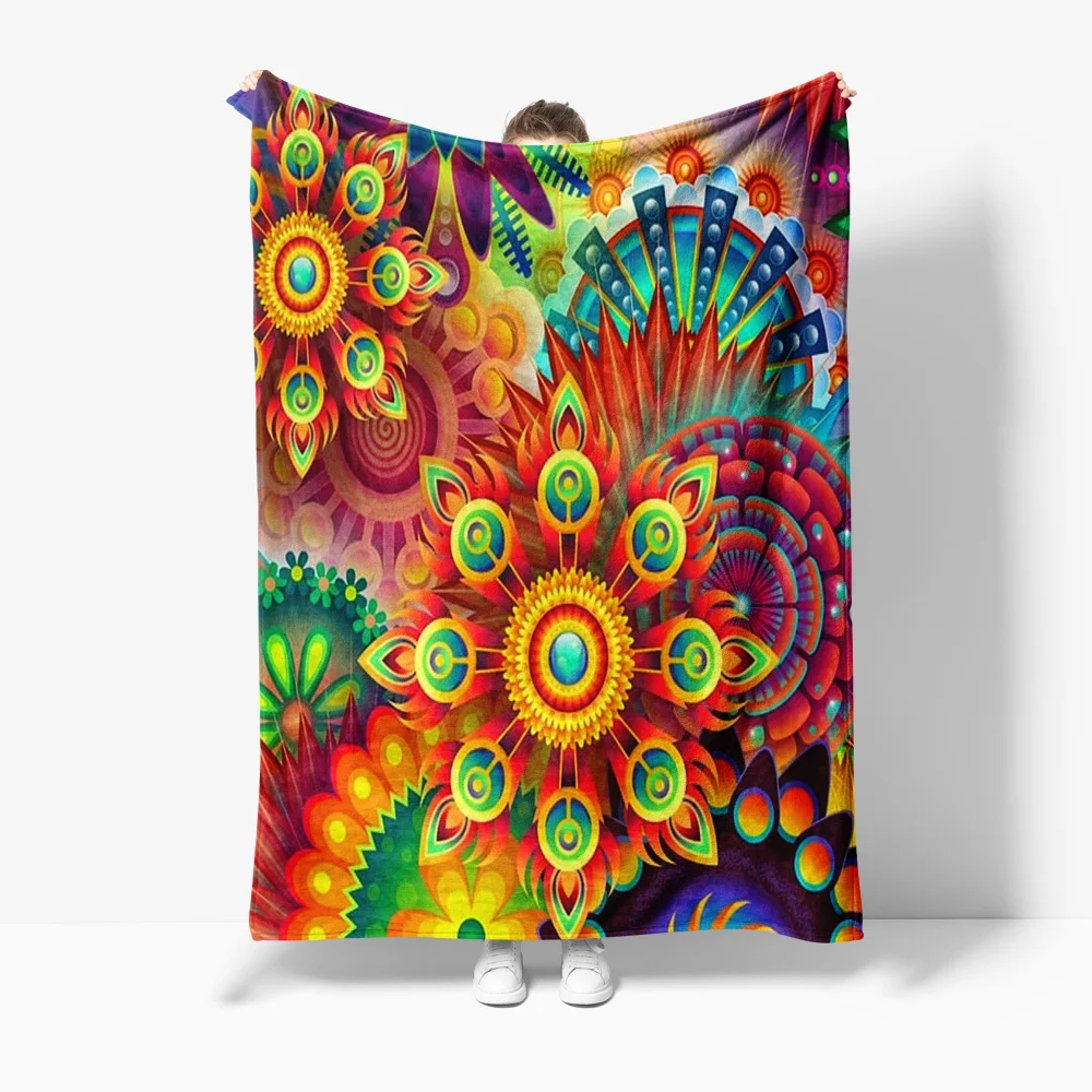 

Psychedelic Floral Bed Blanket Vibrant Colorful Pattern Bohemian Throw Blanket for Sofa Couch Decoration