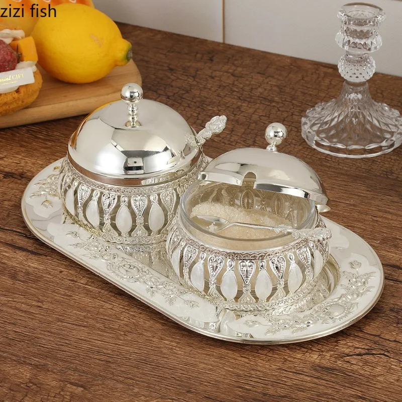 

Iron Glass Spice Jar 2-piece Set Seasoning Box Storage Jar Salt Shaker Sugar Bowl Spice Bottle Seasoning Tools Spices Tin
