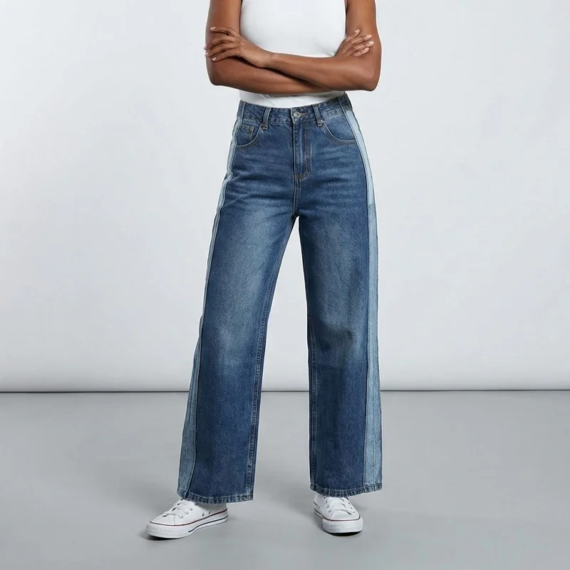 

2026 American Retro Y2K Style Blue Patchwork Baggy Women's Jeans Pants For Woman Clothing Straight Denim Trousers Pantalon Femme