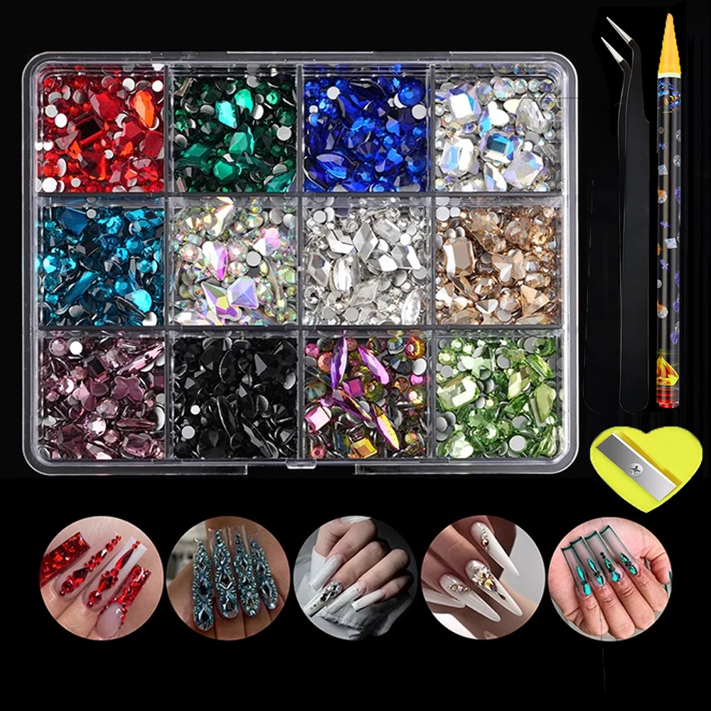

1203pcs Mixed Colorful Irregular Shape Nail Art Charms Set 3D AB Crystal Flat Bottom Pink/royal Blue Rhinestone With Drill Pen