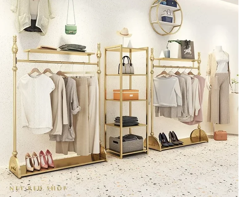 

Clothes store display rack Floor type women's clothing store display rack Hanging rack Gold European style clothes rack