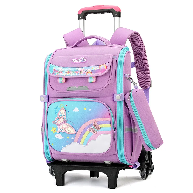 

Butterfly roller backpack for pupil girls Large capacity space school bags with pencil case Wheeled schoolbag trolley case