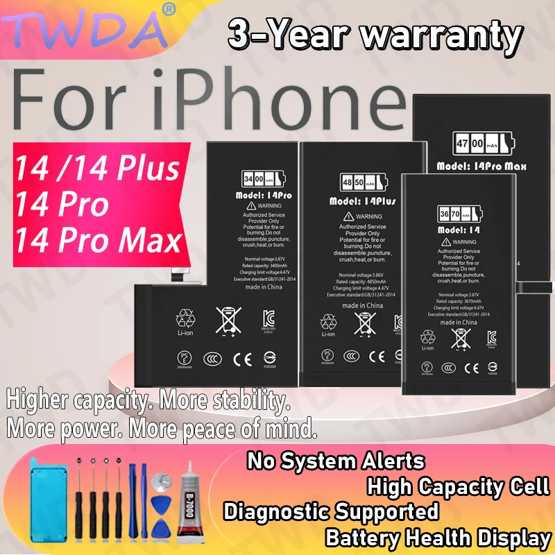 

Аккумулятор повышенной емкости с диагностикой, индикатором состояния, без ошибок для iPhone 14 PLUS, 14 Pro Max Series + бесплатные инструменты