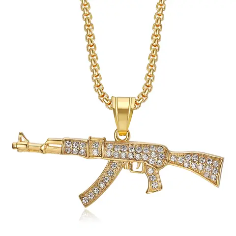 Hip Hop Iced Out AK47 Gun Pendant & Chain Male Gold Silver Color Stainless Steel Military Necklace For Men Cool Jewelry Gift