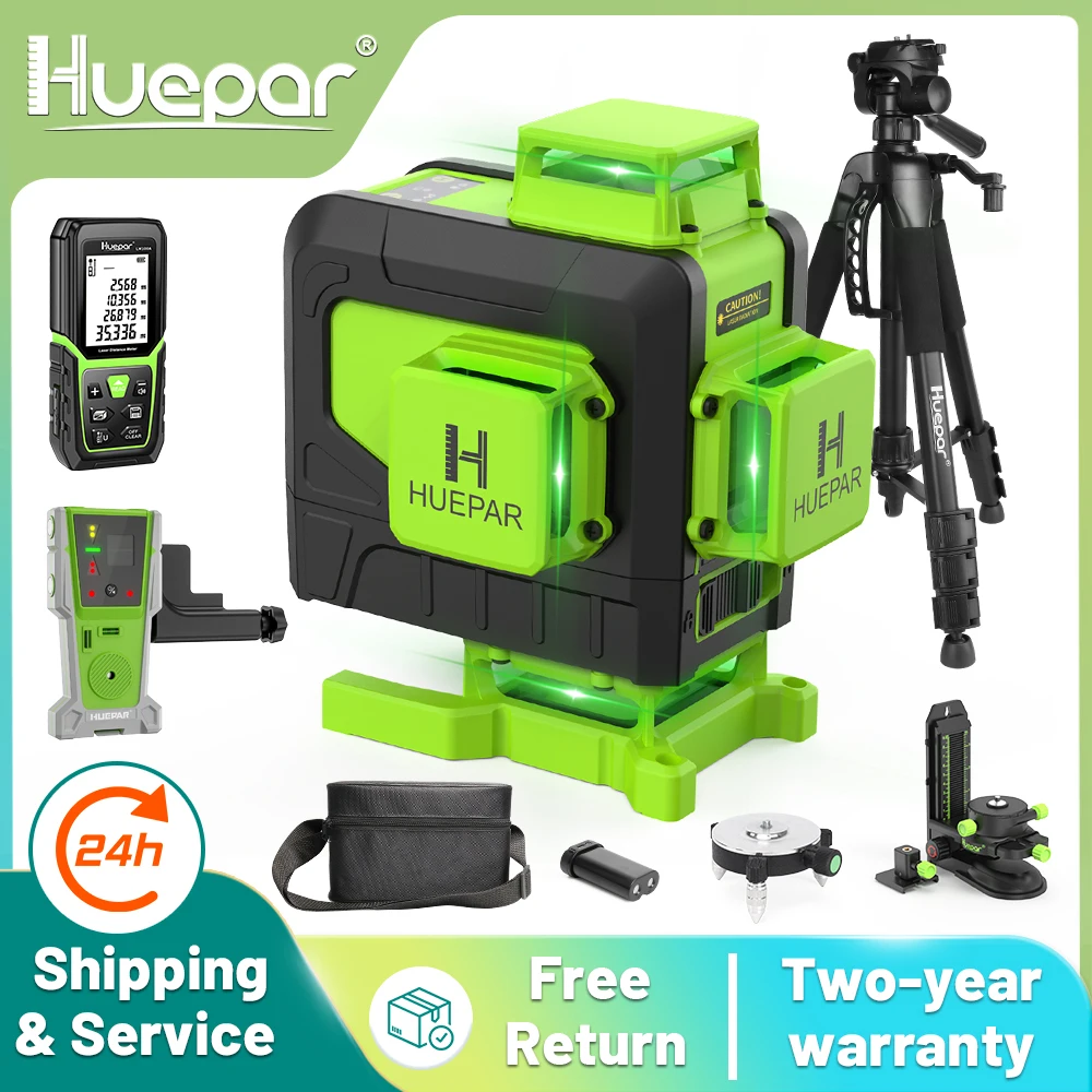 Huepar 4D Cross Line Laser Level Set 16 lines Remote Control Green Beam With Laser Receiver Tripod Rangefinder For Tiles Floor