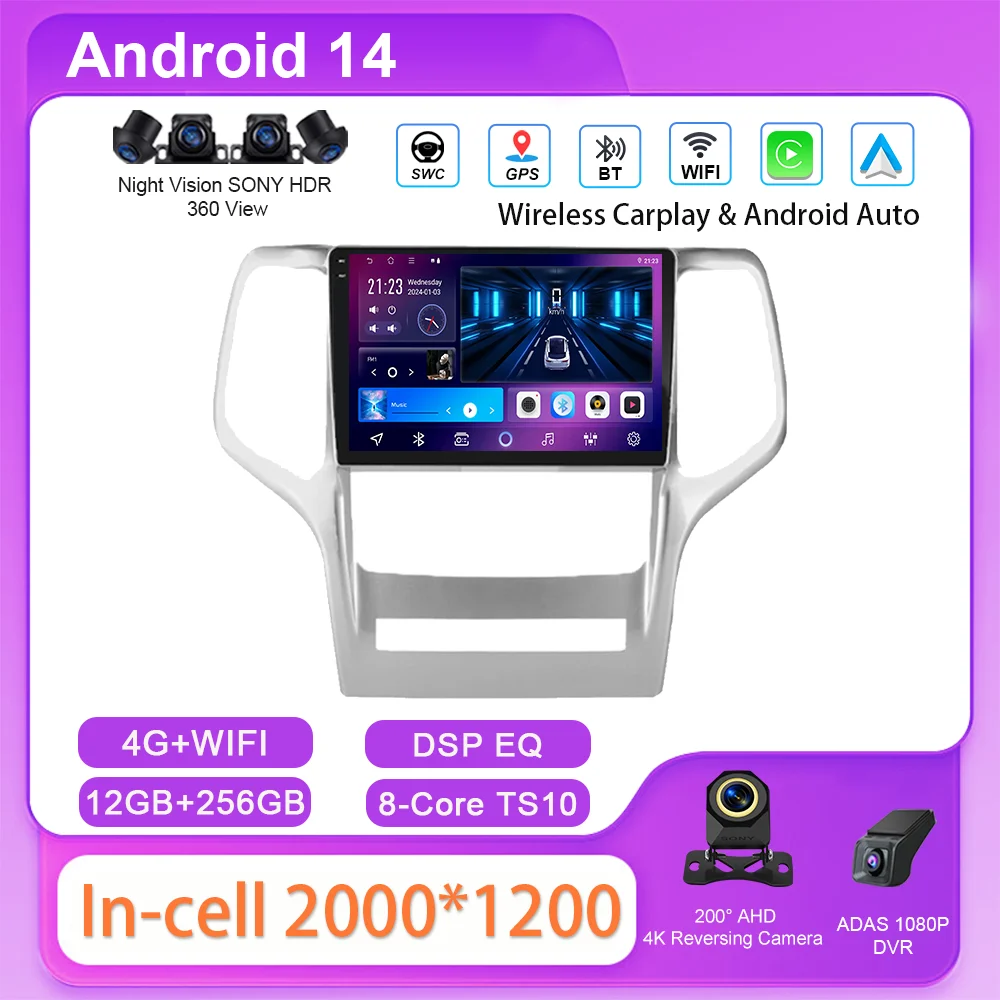 

Android 14, GPS-навигатор, радио, стерео для Jeep Grand Cherokee 2008, 2009, 2011, 2012, 2013, автоматический мультимедийный видеоплеер, Bluetooth