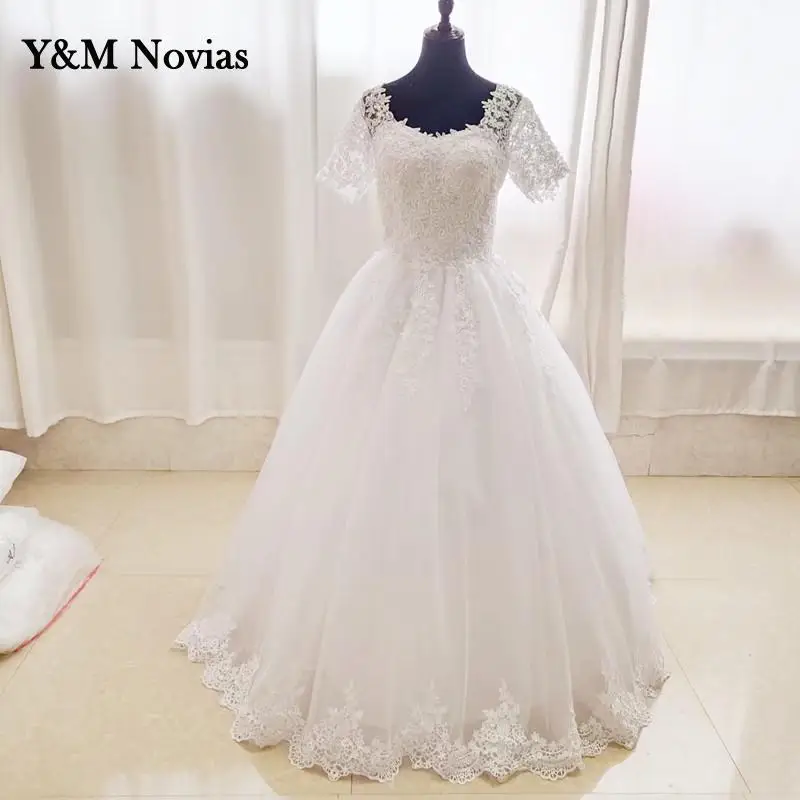 Y & m Novias – robe de mariée classique, col carré, blanc, ivoire, perles, avec manche, bord en dentelle appliqué, grande taille