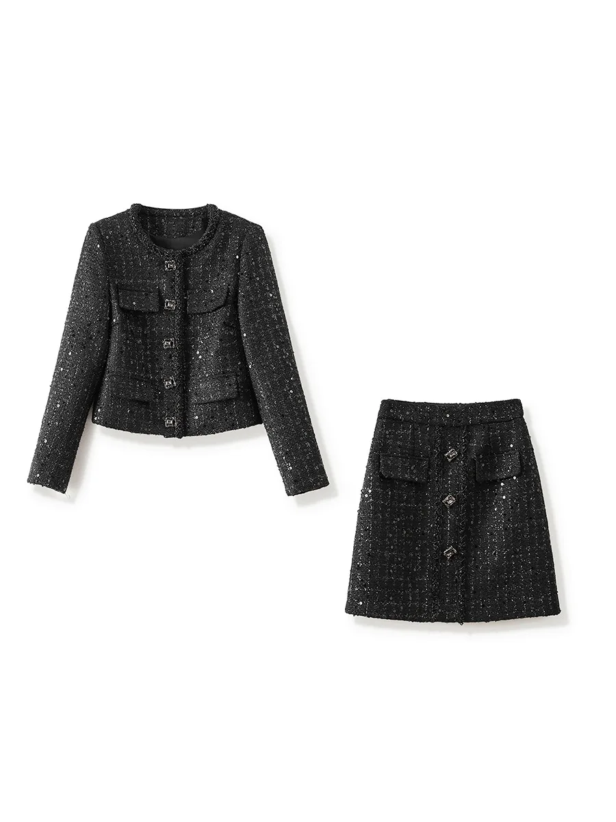 ZJYT Autumn Winter Sequined Tweed Jacket and Skirt 2 Piece Clothing Sets Elegant Office Lady Party Outfit Fashion Suits Black