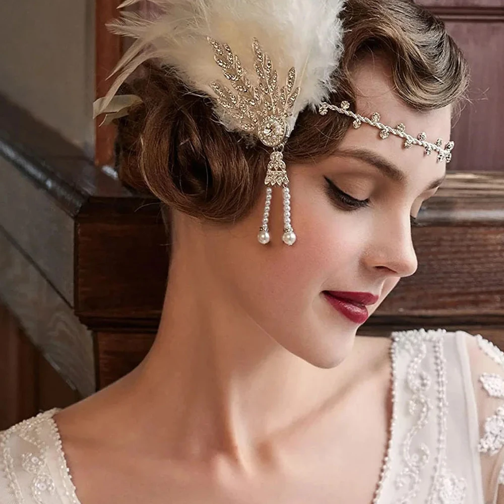 

Vintage Roaring 20s Flapper Headband Sparkly Crystal Leaf Pearl Droop Tassel Wedding Bridal Banquet Hair Accessories