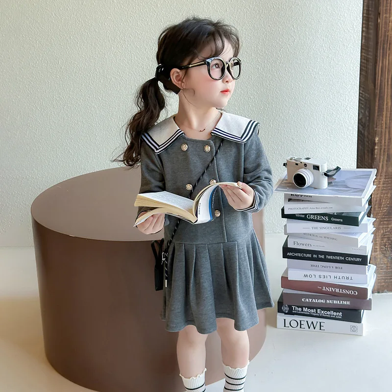 

Girls Spring and Autumn Fashion Foreign Style College Style Lapel Dress Korean New Cute Princess Casual College Dress