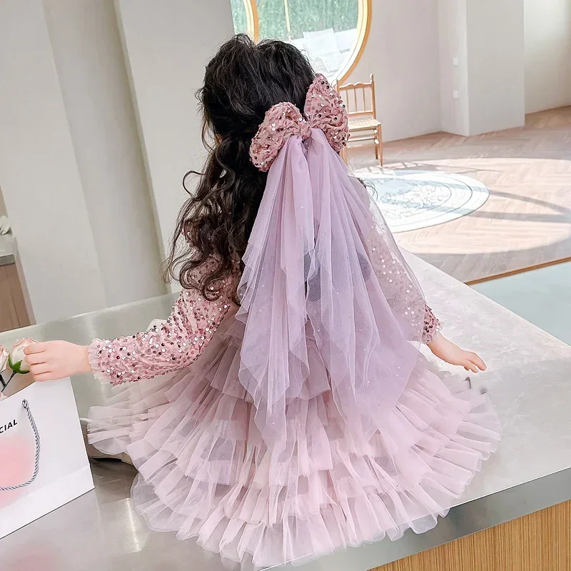 Shiny Kids Clothing Teenage Long Sleeve one-piece Robes High Waist Yarn Vestido Baby Girls dresses Lolita Elegant princess dress