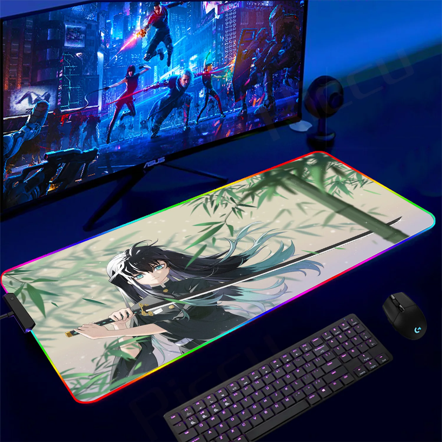 RGB Amine Muichiro Tokito Mousepad Manga Demon Slayer Mouse Pad Natural Rubber Gaming Mousemat Xxl Extended Desk Mat Boy Pad