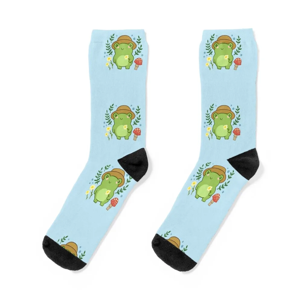 

Kawaii Aesthetic Green Frog with Gardener Hat: Funny Cottagecore Froggy, Nature Illustration with Mushroom Flower Blossoms Socks