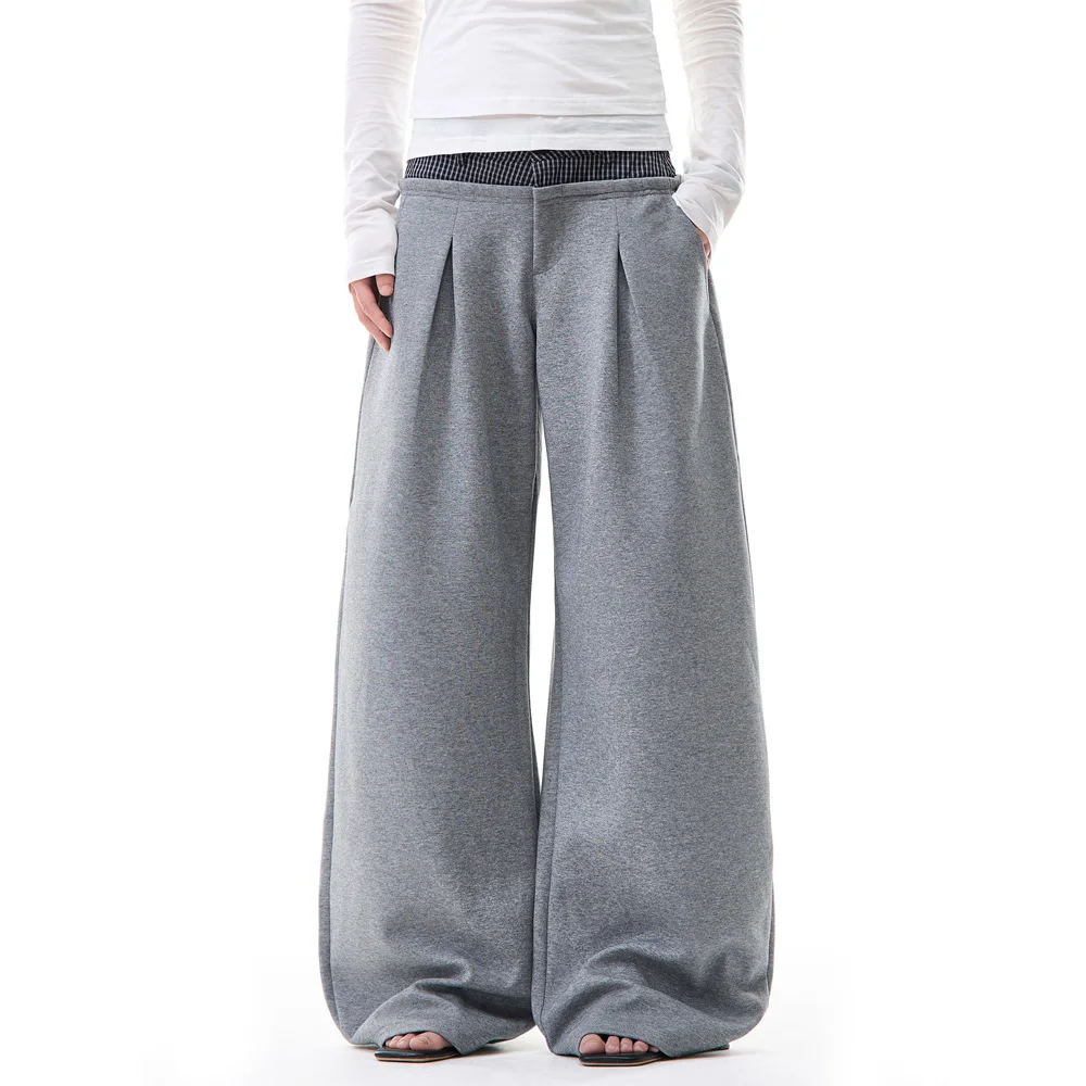 

Men Women Streetwear Y2k Fashion Loose Casual Straight Sports Baggy Pants Sweatpant Plaid Waist Splice Gray Wide Leg Pant