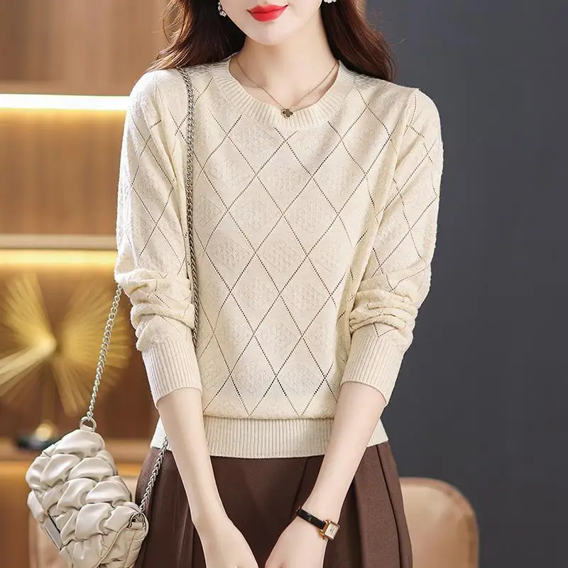 Women Korean Style Simple Casual Hollow Jacquard Knitwear New Spring Autumn Elegant Long Sleeve All Match Knitted Sweater Jumper