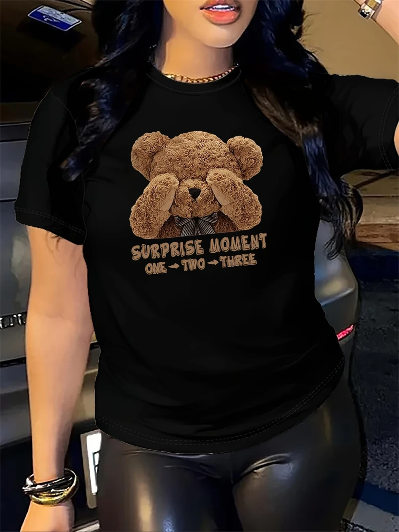 T-Shirt mit Rundhalsausschnitt und Bären-Print für Damen – lässiges Kurzarm-T-Shirt für Frühling und Sommer