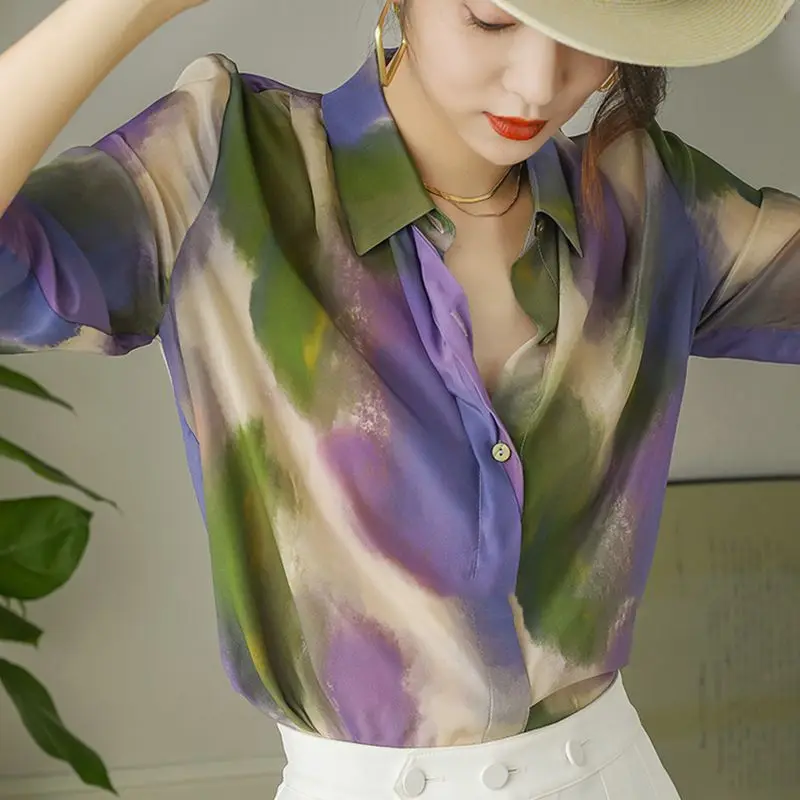 2023 New Summer Elegant Tie Dye Turn-down Collar 3/4 Sleeve Blouse Ladies Fashion Buttons Loose Shirts Women Clothes Trend Tops