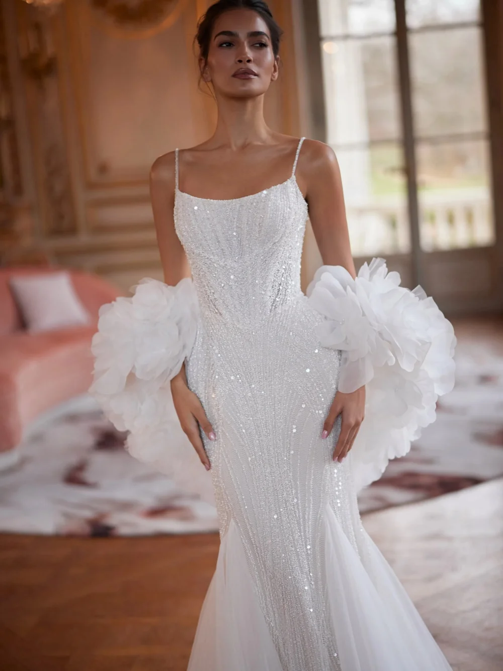 3D Floral Shawl Luxury Beaded Wedding Dress Thin Straps Mermaid Long Bridal Gown New Customized Square Neck Dresses For Bride