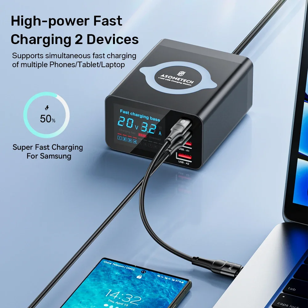 110W Type C Fast Charger Wireless Charger LCD Display 5 In 1 USB Charging Station for Laptop IPhone 14 13 12 Samsung S22 MacBook