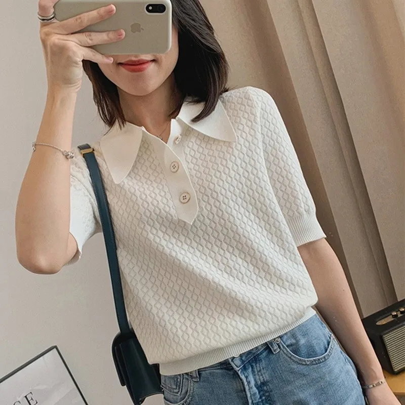 100% cotton women\'s short-sleeved summer new style POLO collar knitted vest wispy knitted T-shirt