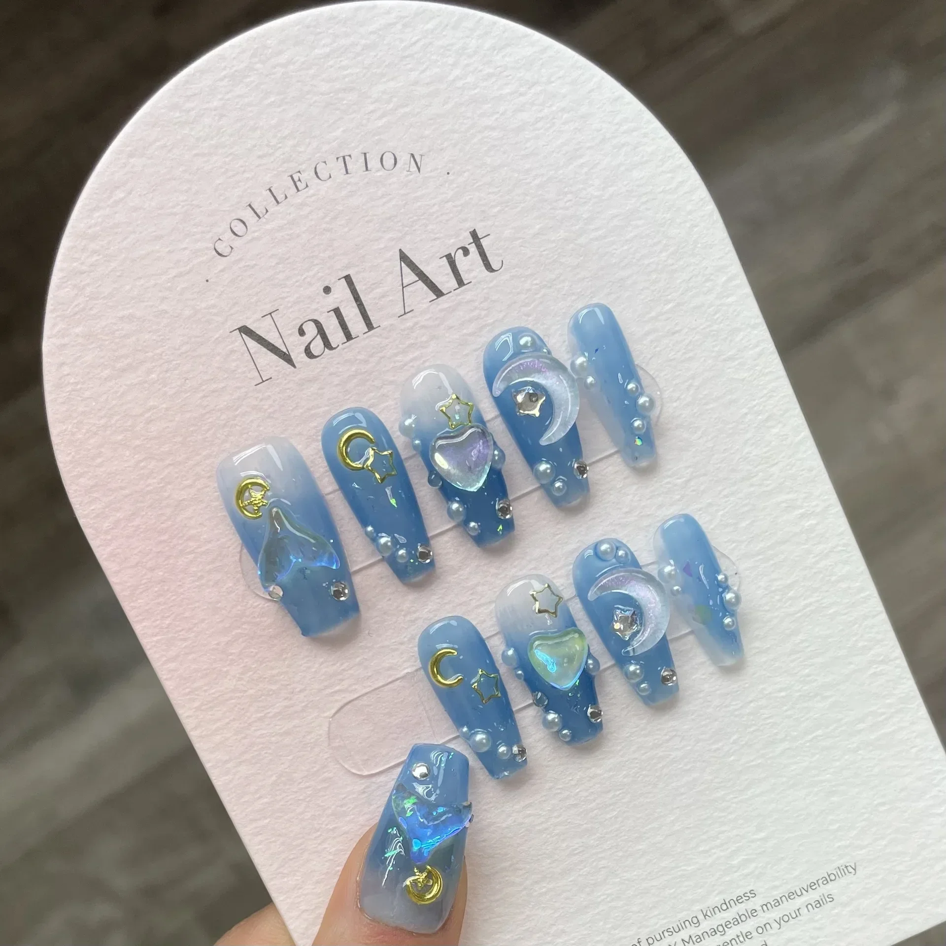 10 pezzi fatti a mano stampa sulle unghie oceano blu con 3D Moon Star strass Design unghie finte copertura completa indossabile Y2k Art Nail Tips