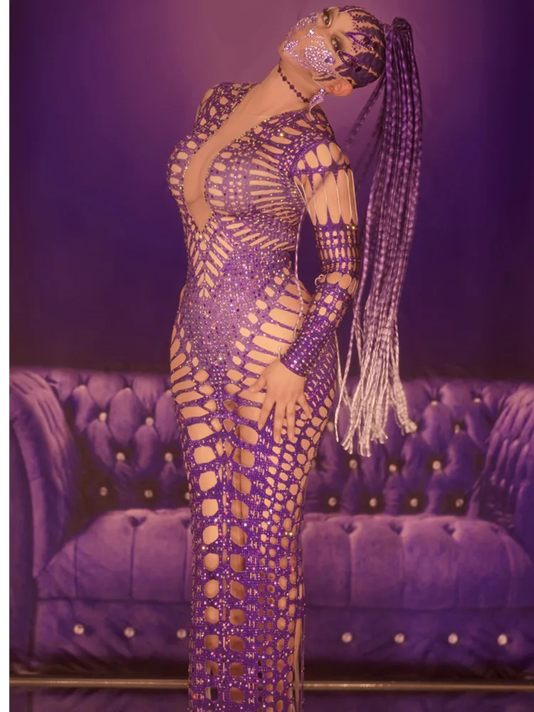 

New Purple Color Sexy Hollow Out Bodycon Long Dress Women Long Sleeve Celerate Birthday Party Dress Performance Show Wear