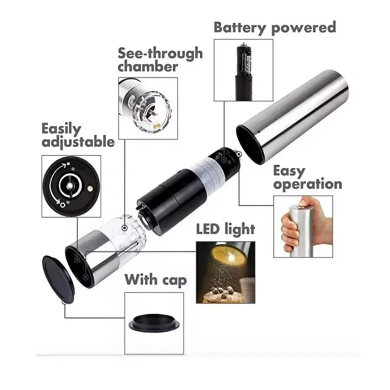 ステンレス鋼とABS製電動塩コショウグラインダーセット、自動操作スパイスミル、充電式および電池式モデル、キッチン用