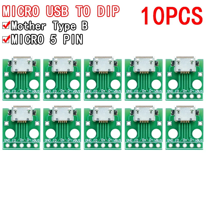 10pcs MICRO USB to DIP Adapter 5pin female connector B type pcb converter pinboard 2.54