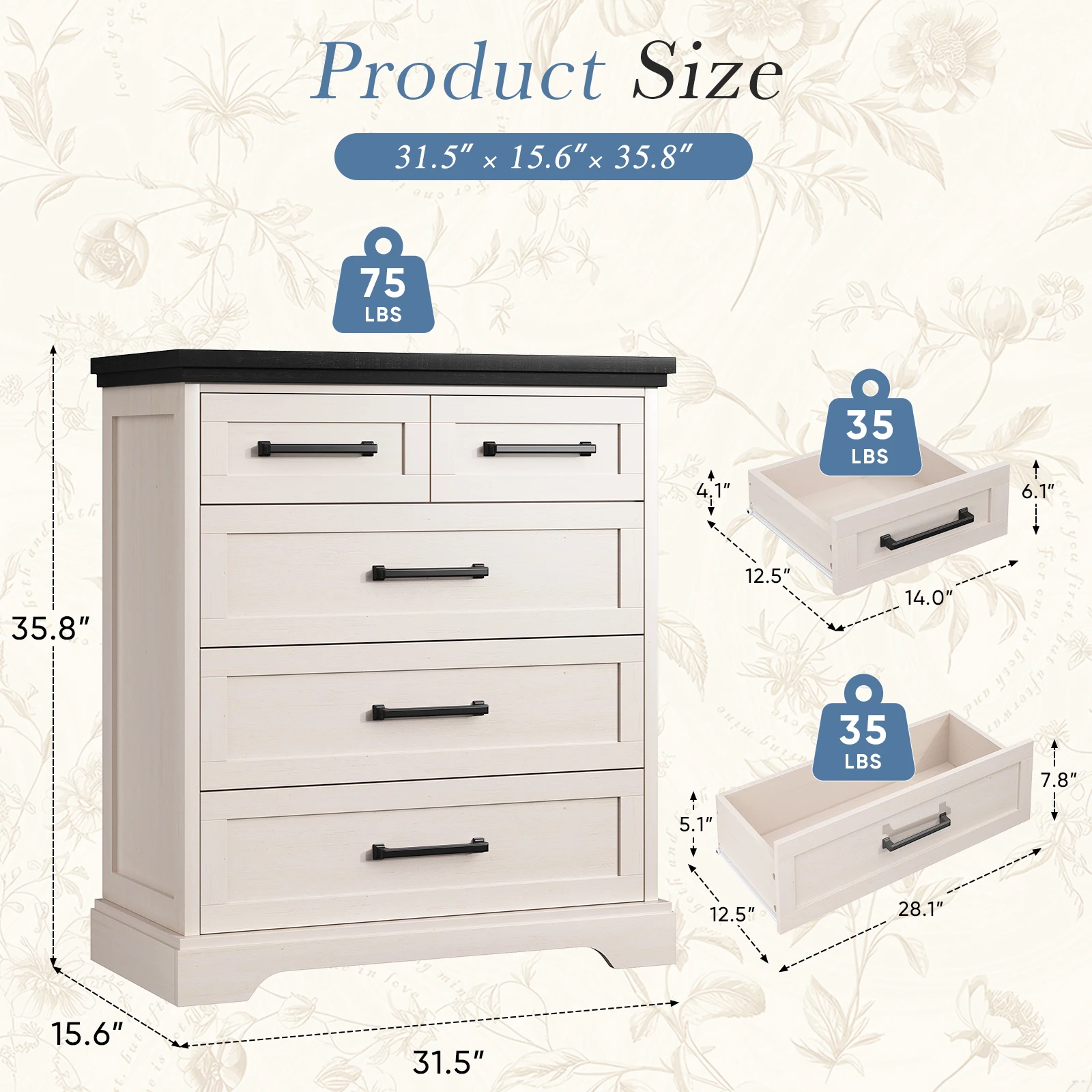 JHK 36IN Wood 5 Drawers Storage Cabinet for Living Room Stable Structure Storage Wide Chest of Drawers Furniture For Bedroom Home Furniture
