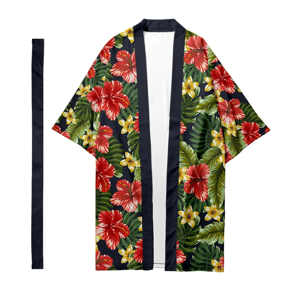 

Men's Japanese Long Kimono Tropical Plant Pattern Kimono Shirt Fashion Cardigan Samurai Costume Kimono Yukata Outer Cover 4