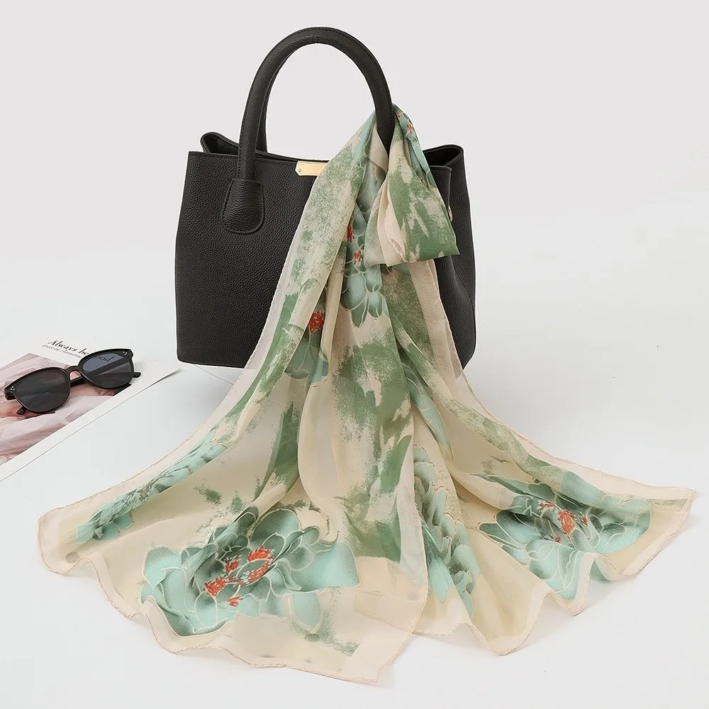 

Gifts Chiffon Printed Silk Scarf Floral Lotus Breathable Beach Travel Photography Shawl Thin Long Silk Scarf
