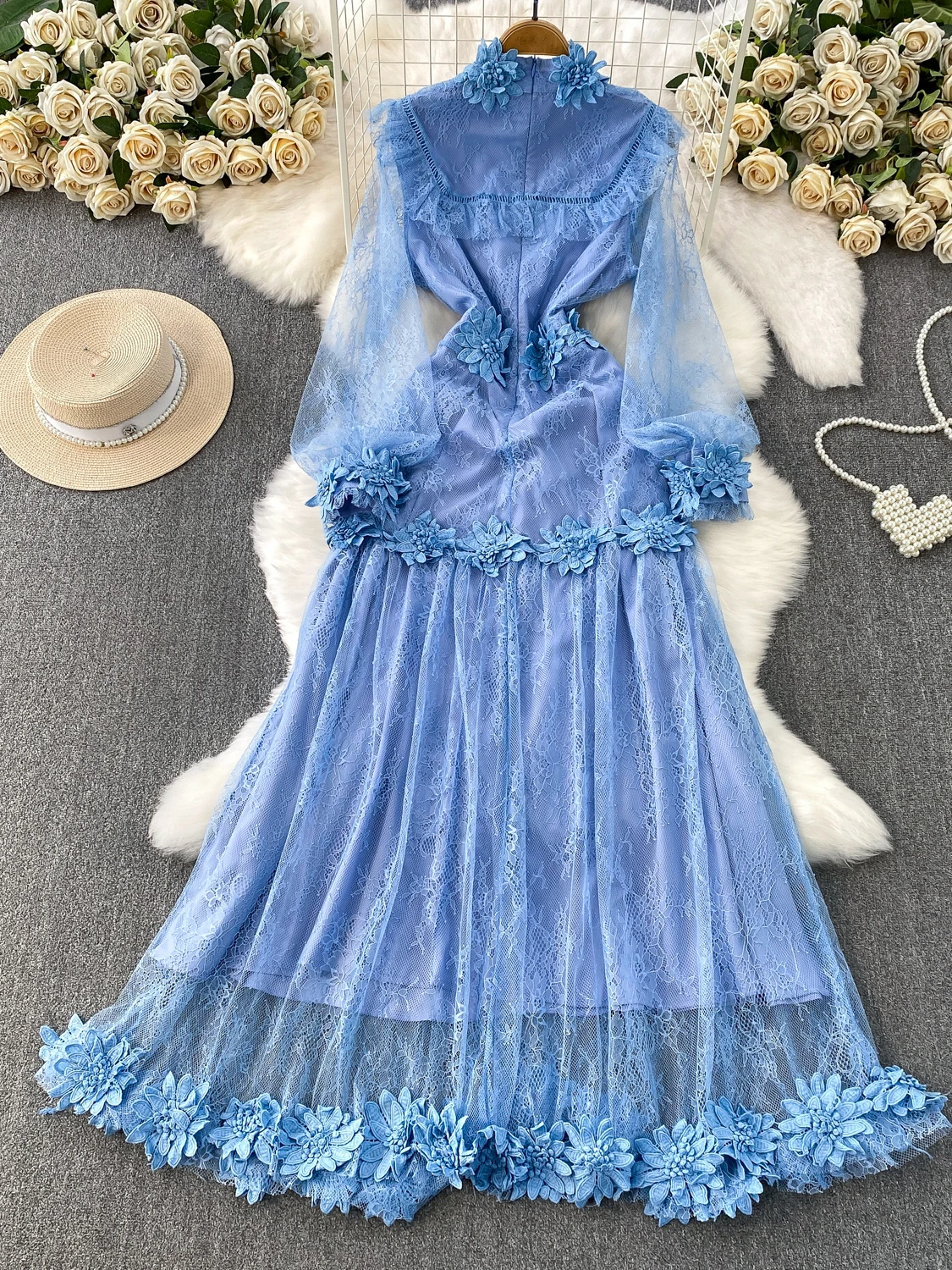 Retro Court Sle Beautiful Fairy Aosphere 3D Flower round Ne Long Dr Women's High-End Lace Dr Ele Princ Gown