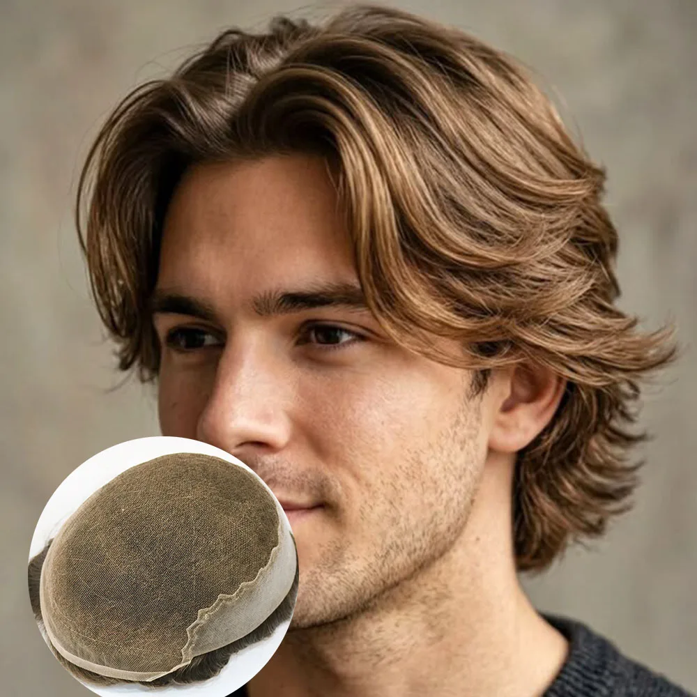 Breathable Q6 Lace&PU Toupee Men #20 #22r Blonde Human Hair Wig Durable Men Hair Replacement System Grey Man Capillary Prothesi