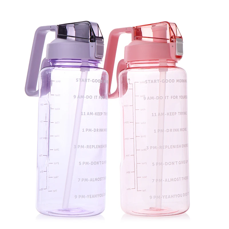 2L Portable Water Bottle Large Capacity Plastic Straw Water Cup Drink Bottle With Time Marker For Outdoor Sports Fitness 2000ml