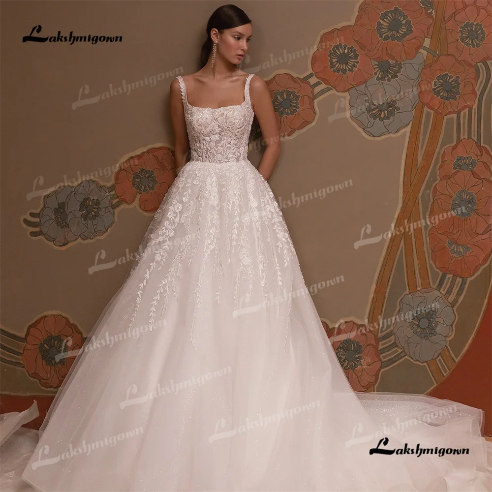 Lakshmigown Square Collar A Line Wedding Dress 2025 Tulle Court Train Wedding Gown Customizedvestido de novia playaفستان عروس اي