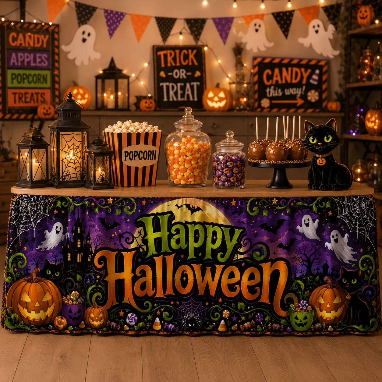 Send a set of tablecloths, 1 piece per set, with Halloween-themed pumpkin print on a polyester tablecloth.zyc