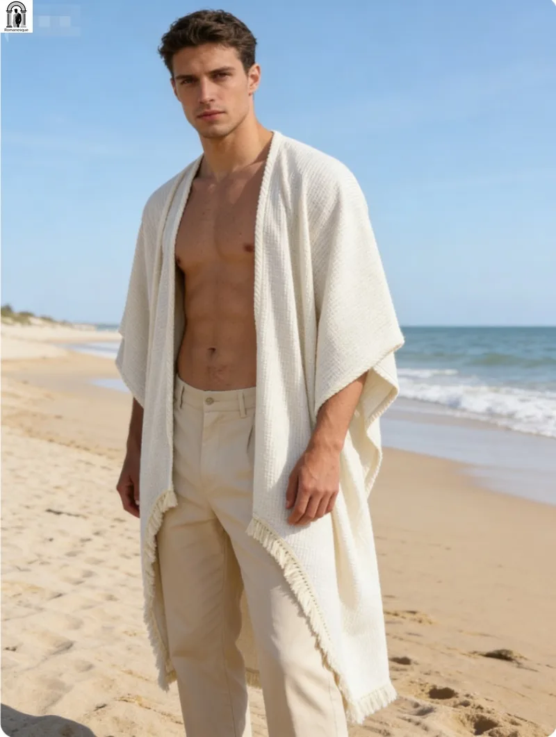 2026 New Men's Casual Tassel Hem Cape Lightweight Waffle Open Front Shawl for Beach Party & Streetwear Men's Sheer Waffle Kimono