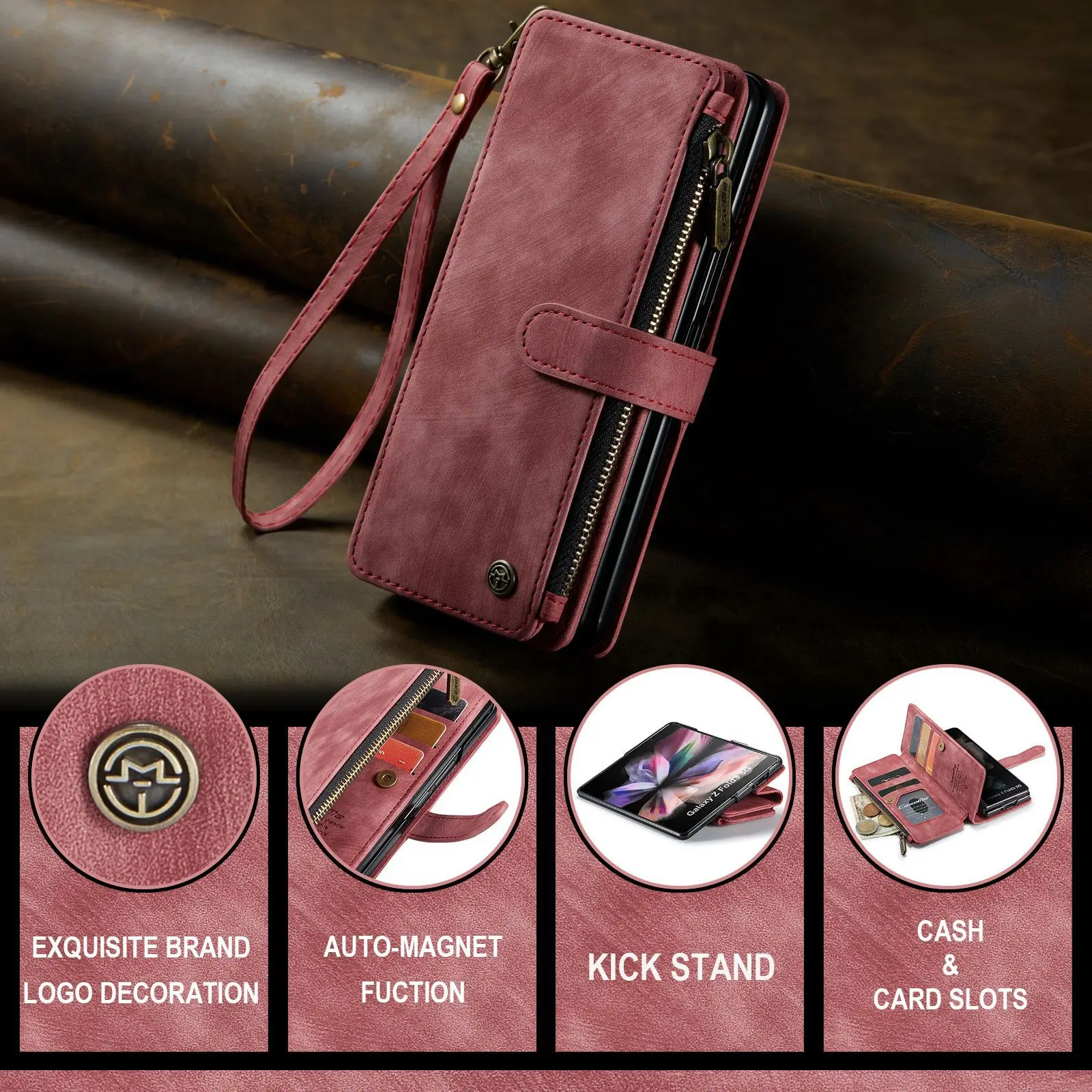 Luxury Phone Case for Samsung Galaxy Z Fold 3 4 Flip Wallet Case retro Leather Magnetic Lanyard Strap Wristlet Card Holder Cover