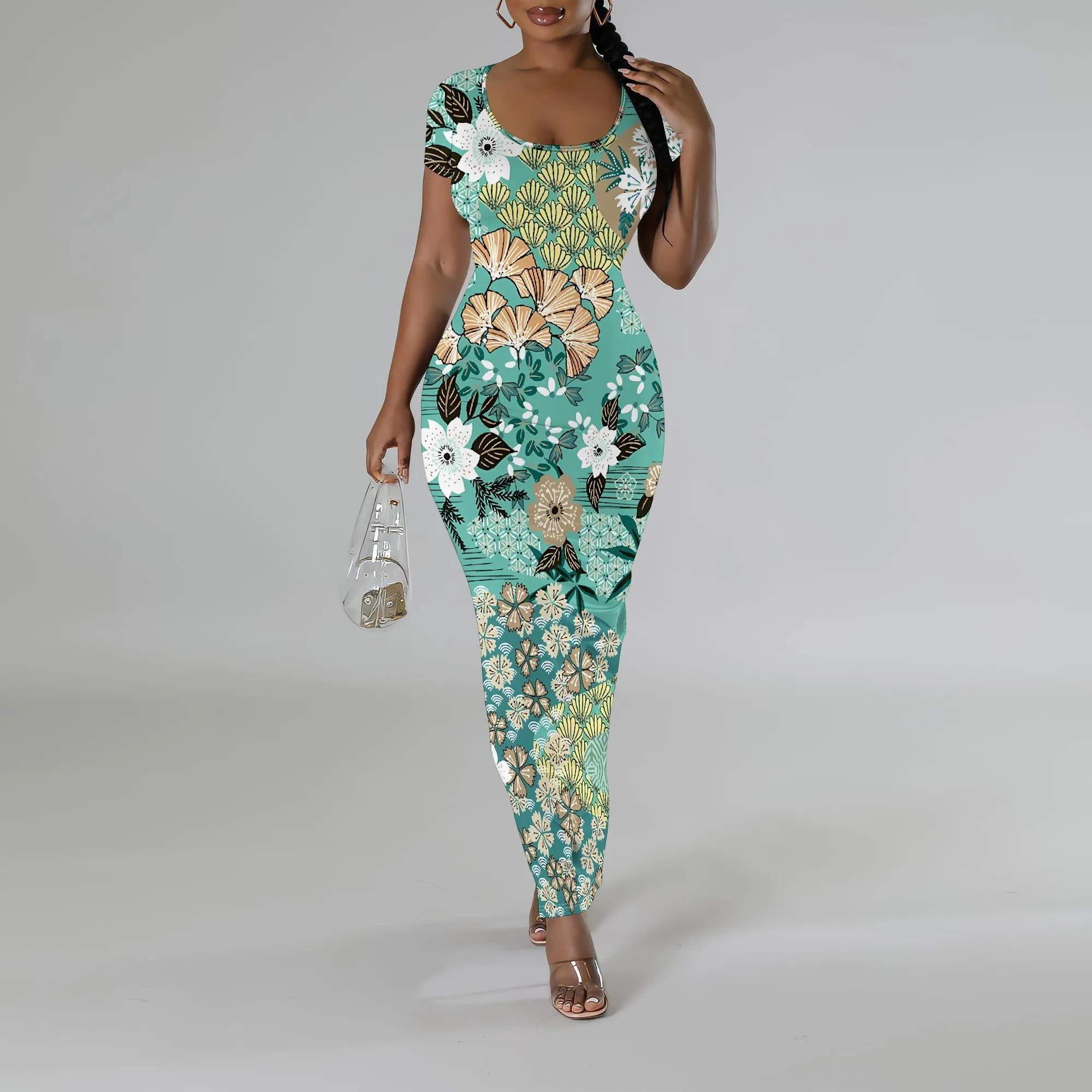 

Nupusa Mint Green Floral & Leaf Print Bodycon Dress for Women Regular Size Summer Casual Square Neck Short Sleeve Dress