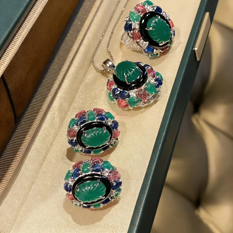 

Кольцо, ожерелье и серьги Bellux из серебра 925 пробы с синтетическим цирконом, винтажный стиль, цветная резьба, инкрустированные драгоценными камнями, позолоченные ювелирные изделия